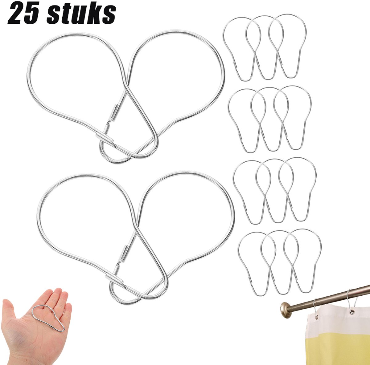 25 stuks douchegordelhaken - RVS Gordijnhaken van roestvrij staal - metalen douchegordijnhaken - zonder kralen douchegordijnhaken - voor de badkamer - diverse gordijnen douchegordijnen enz en voldoen aan diverse behoeften