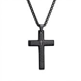 Zwartkleurige schakel ketting met kruis hanger en gegraveerde religieuze tekst – sieraad voor heren en dames