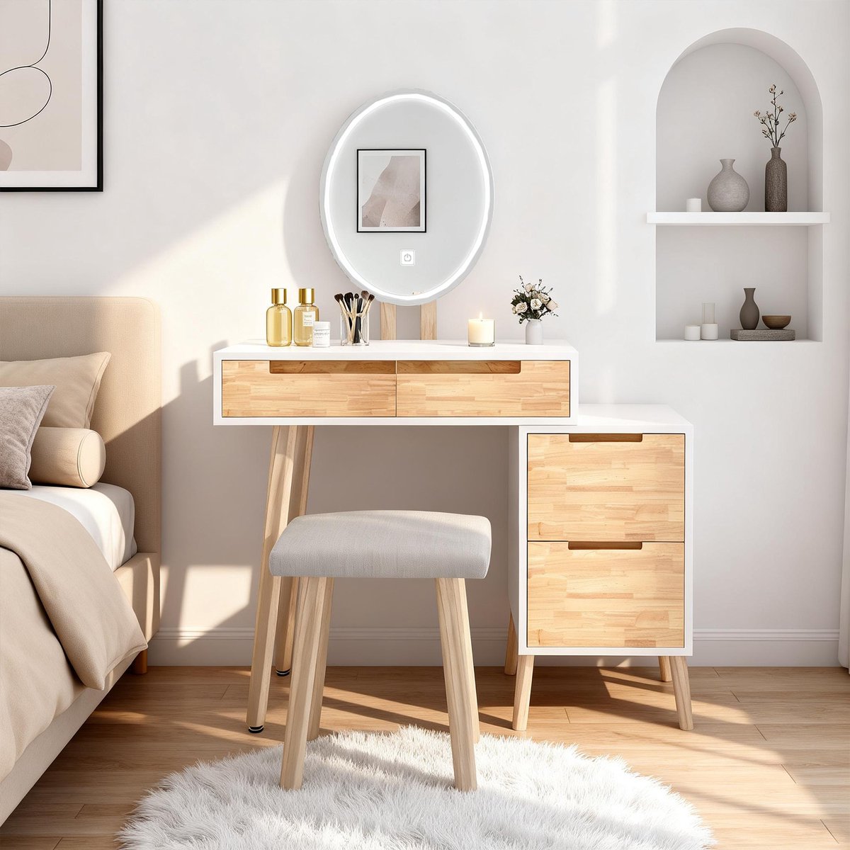 Puluomis - Kaptafel - Spiegel met LED-verlichting - Bijzettafel - Krukje - Hout - 4 lades