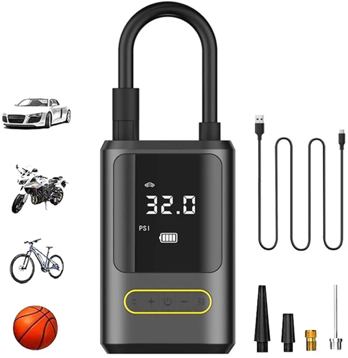 Homtas Elektrische Bandenpomp – 10,3 BAR - USB Oplaadbaar - Fietspomp - Ballenpomp - Autobanden Pomp - Luchtpomp - Luchtcompressor - Noodlamp