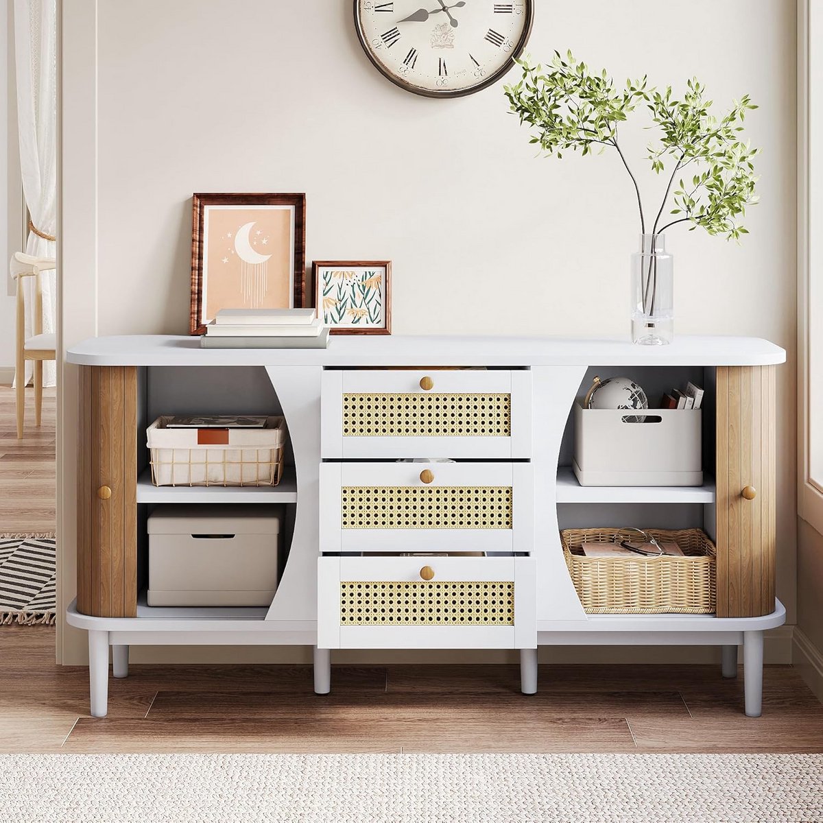 Dressoir met 2 schuifdeuren en 3 rotan laden, landelijke stijl, opbergkast voor hal, slaapkamer en woonkamer, 140,5 x 40 x 76 cm, wit