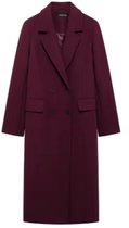 Dames Lange Winterjas Bordeaux – Dubbelrijige Mantel met Reverskraag – Elegante Wollen Look Jas voor Herfst & Winter -M-