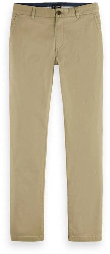 Beige chino met ritssluiting, knoopsluiting en steekzakken, plat gelegd.