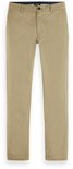 Beige chino met ritssluiting, knoopsluiting en steekzakken, plat gelegd.