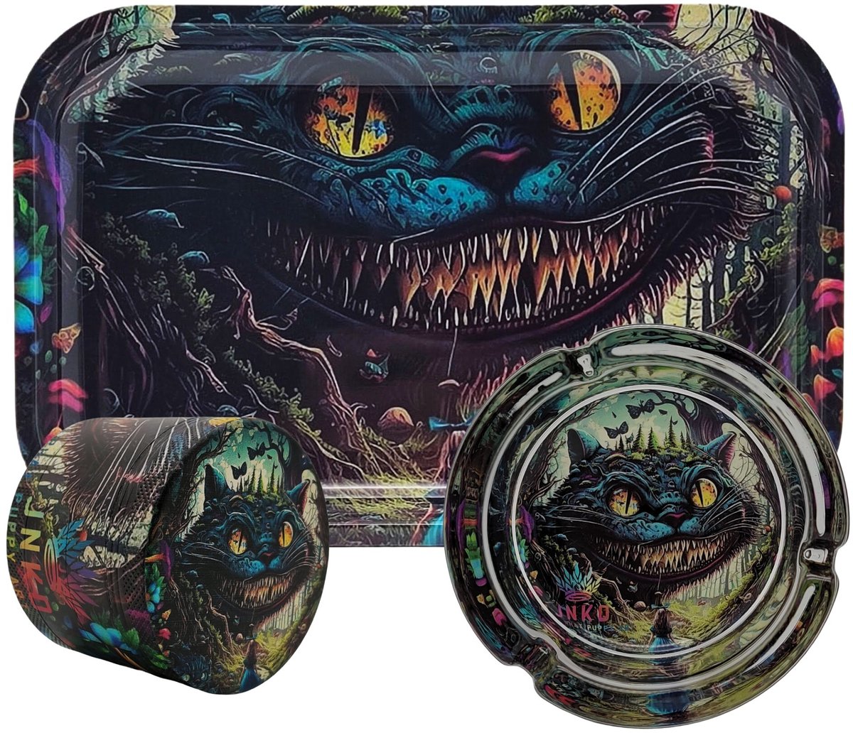 Grinder + Metalen Dienblad XXL + Asbak – 3-delige Set – Wonderland 1 Design – JNKO