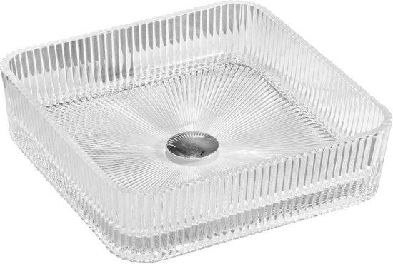 Vierkante, glazen wastafel met verticale ribbels aan de zijkanten en een stralend patroon op de bodem. Met zilverkleurige afvoer.