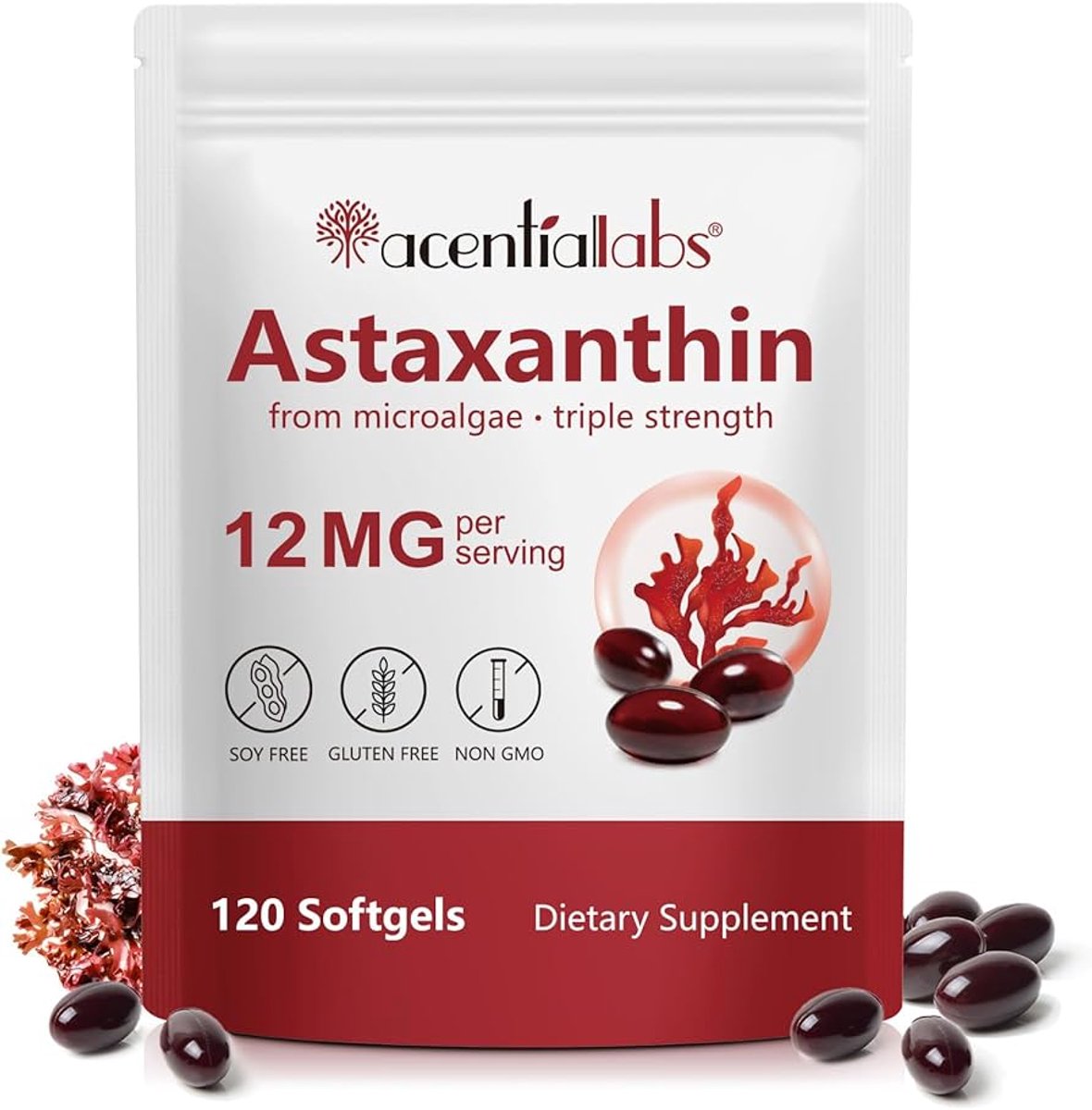 Astaxanthine Capsules - 12 mg per Softgel - 120 Softgels - Microalgen Extract - Dagelijks Supplement