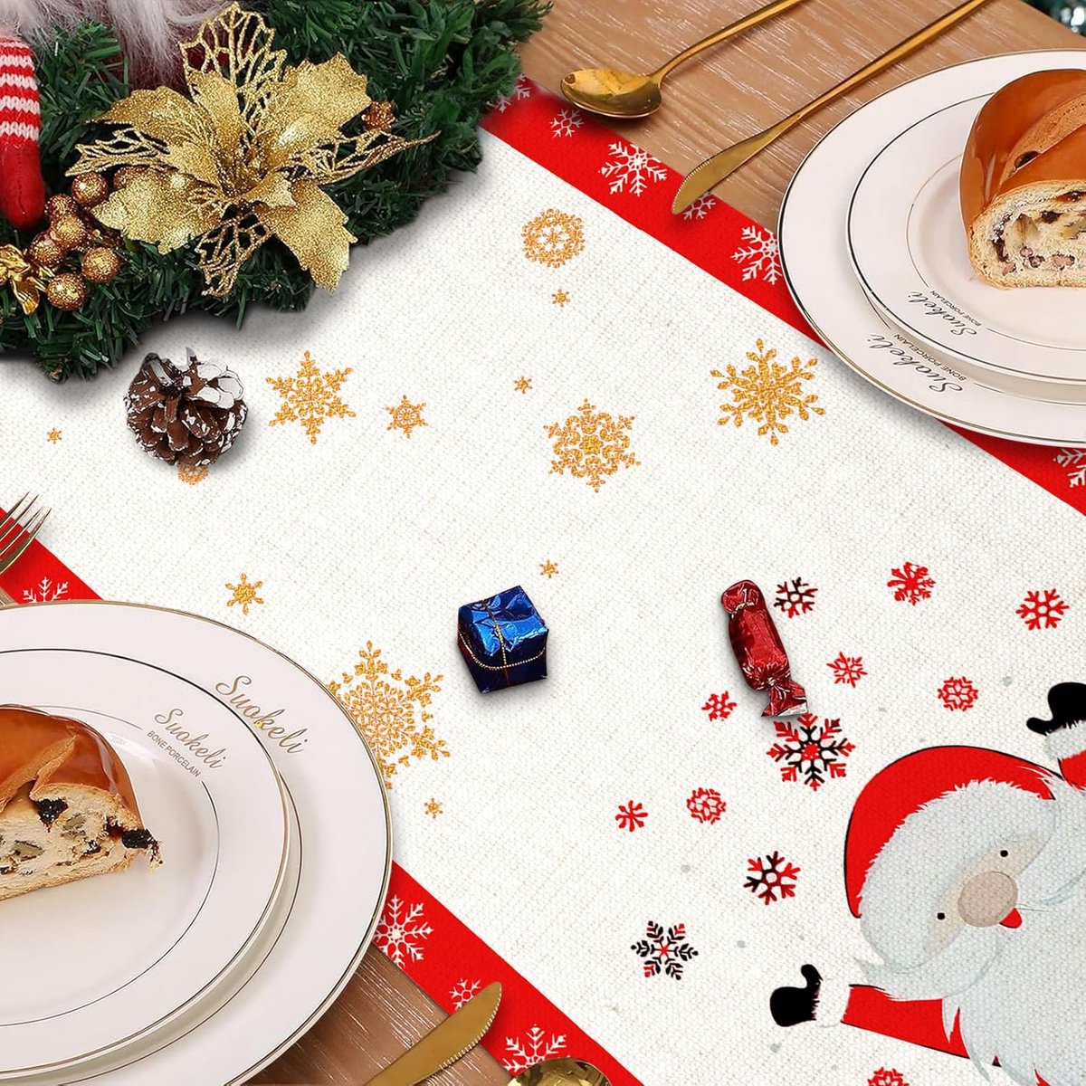 Tafelrunner Kerst Tafelkleed Modern Sneeuwvlok & Kerstman 40x140 cm Rood/Wit Decoratie