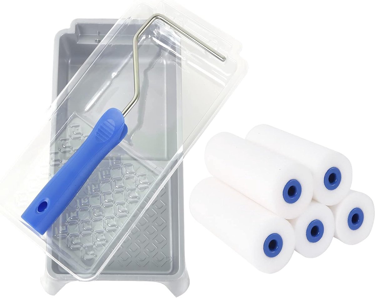 Imperatoris - Verfrollers Schuim - Sponsrollers voor Kinderen en Hobby - Voor Acrylverf en Stencils - Schilderen - 8 Stuks - 4 inch Verfroller - 5 Schuimverfrollerhoes, 1 Rolframe, 1 Stabiele Verfbak en 1 Wegwerp Lade