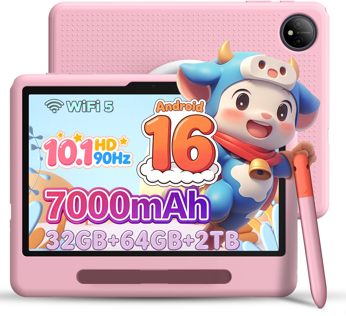 POCKAM P10 kindertablet – 32 GB RAM (6+26 GB) + 64 ROM - 10,1 inth HD 90 Hz - Android 16 - 7000 mAh - WiFi 5 - Face ID - Gmini AI - Inclusief kindvriendelijk hoesje - Styluspen - Blauwlichtfilterfilm