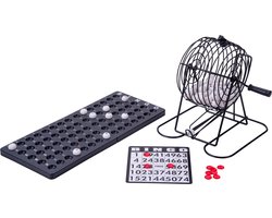 Bingomolen Zwart Metaal – Compacte Bingo Set – Inclusief Ballen, Controlebord, Bingokaarten & Fiches – Voor Thuis & Spelavonden – Longfield Games