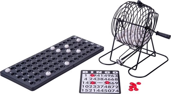 Bingomolen Zwart Metaal – Compacte Bingo Set – Inclusief Ballen, Controlebord, Bingokaarten & Fiches – Voor Thuis & Spelavonden – Longfield Games