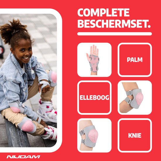 Meisje met roze en grijze beschermset, bestaande uit pols-, elleboog- en kniebeschermers.