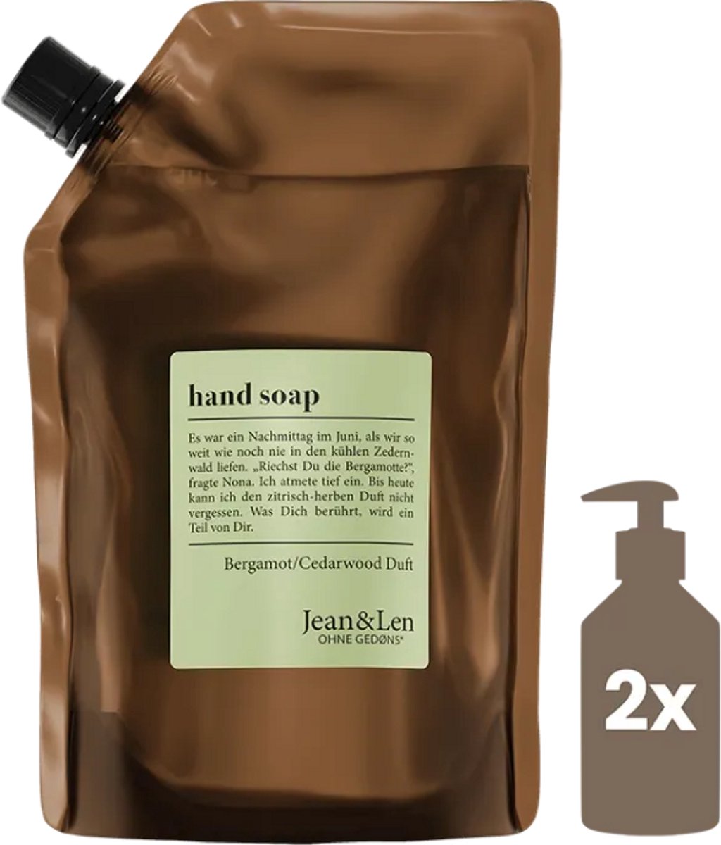 Jean & Len Handzeep Navulverpakking Bergamot & Cederhout – 500 ml: milde. vegan handzeep met frisse houtige geur. Duurzame navulling voor minder afval. \n