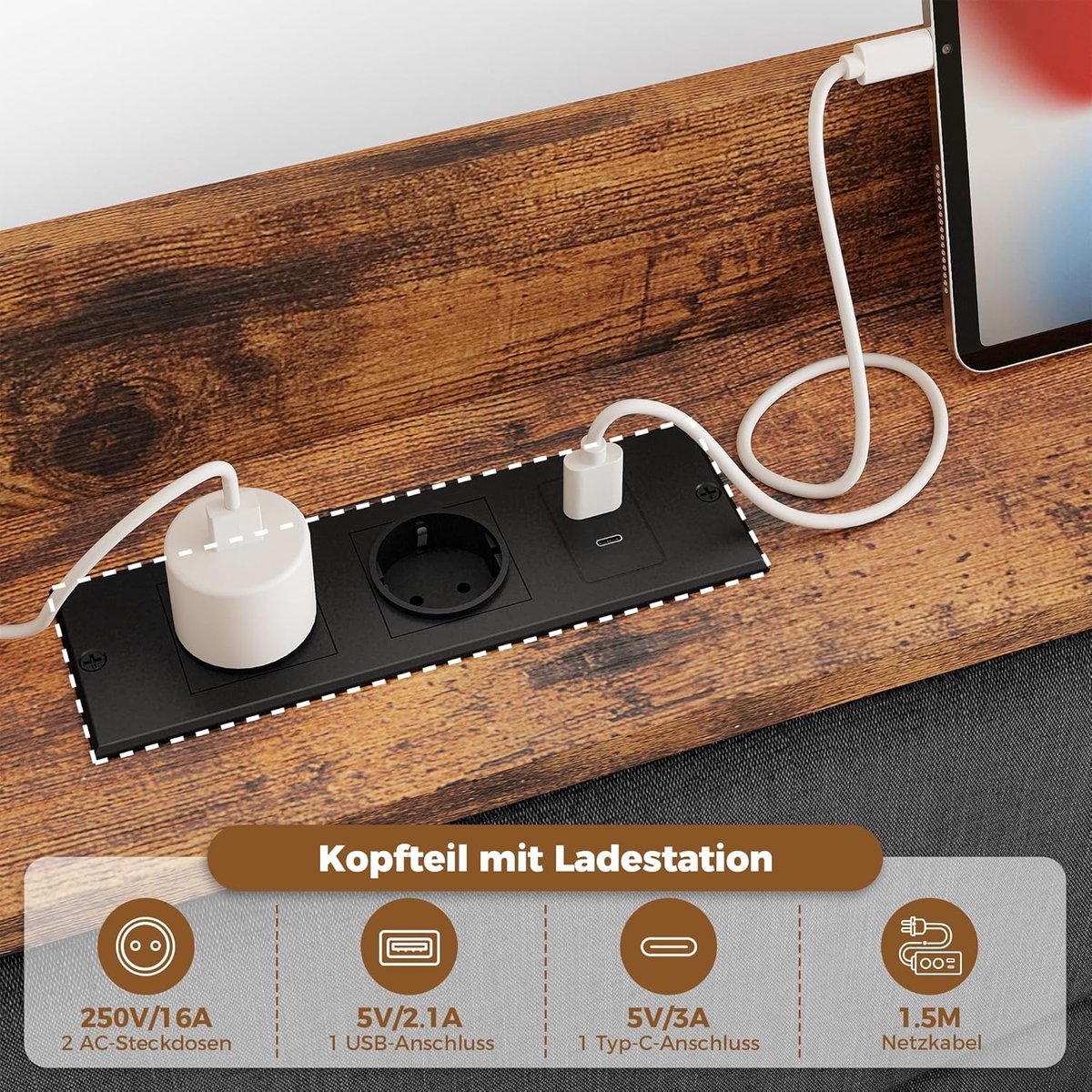 Gestoffeerd eenpersoonsbed 90x200 cm met LED-verlichting, zwevend design, USB & Type-C laadstation, opbergruimte en lattenbodem – Pauwhome