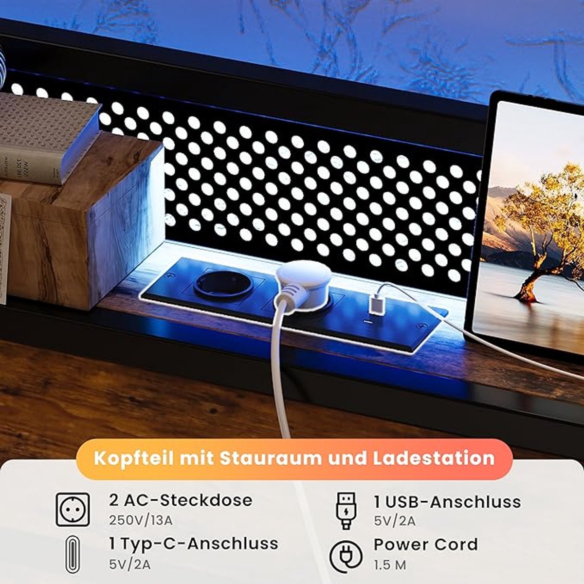 Metalen bedframe 120x200 cm met LED-verlichting, USB & Type-C laadstation en opbergruimte – industrieel tweepersoons tienerbed met lattenbodem – Pauwhome