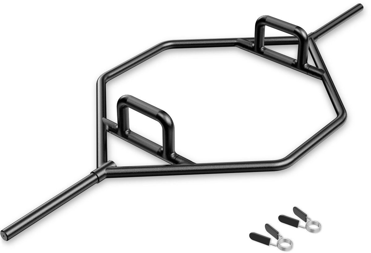 COSTWAY Trap Bar, 142 cm halterstang met 2 veersluitingen en inklapbare handgreep, zeskantige stang 25/50 mm opname, Olympische bar voor kniebuigingen, deadlifts