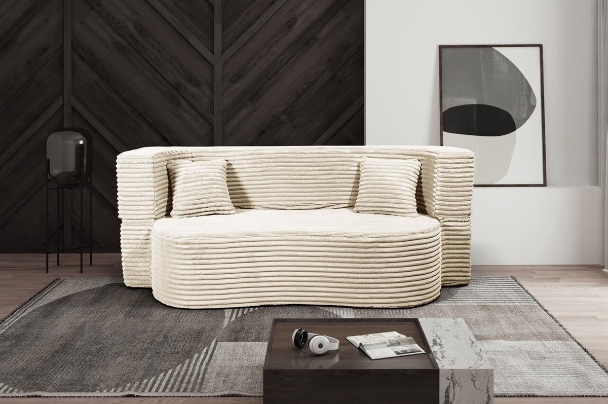 Slaapbank 3-zits 200x72x80 cm met slaapfunctie & afneembare corduroy hoes – Modern schuimrubber bankstel crème – Pauwhome