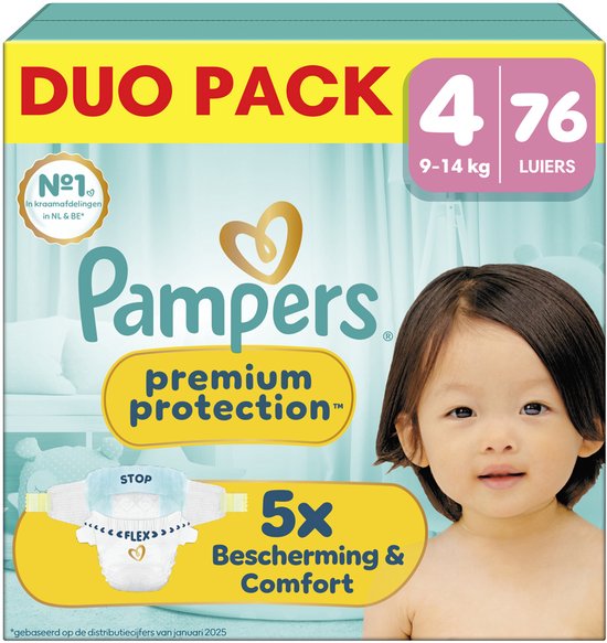 Pampers Premium Protection luier, maat 4, 76 stuks. Gezicht van een Aziatisch kindje met een Pampers luier. De verpakking is geel met blauwe en rode tekst.