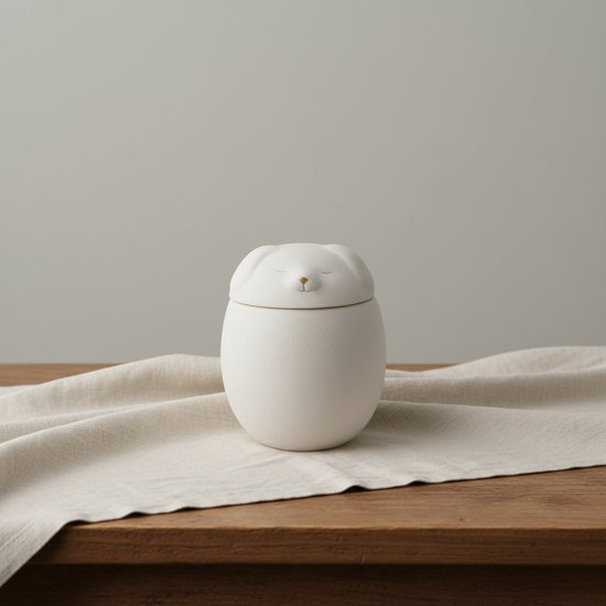 Een enkele witte keramische urn in de vorm van een slapend dier met gouden details, staand op een linnen doek.
