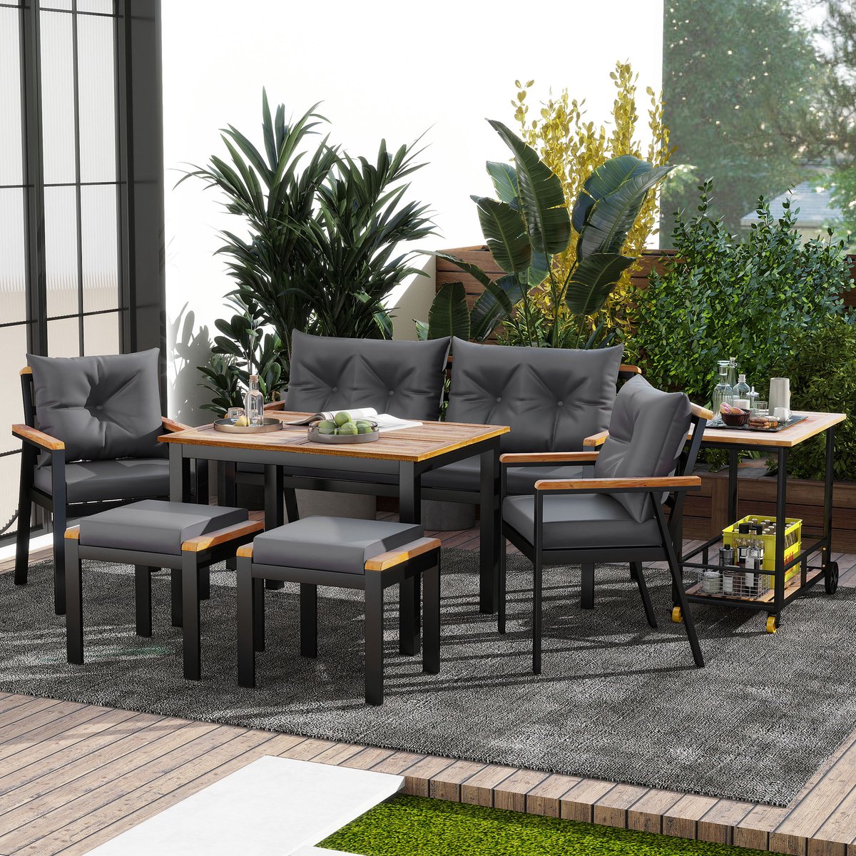 Eettafel- en stoelenset van acaciahout, tuinmeubelen, 6-7-zits tuin eettafel- en stoelenset met fauteuils en afneembare eetwagen, afneembare en wasbare stoffen bekleding