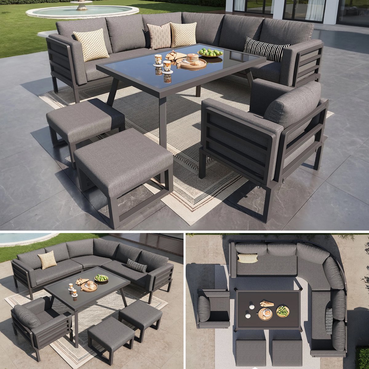 Halvemaanvormige tuinbank-set voor 8 personen / stevig ijzeren frame met grijze kussens / compleet met glazen tafel, 1 fauteuil & 2 poefen / weerbestendige terrasmeubelen voor balkon