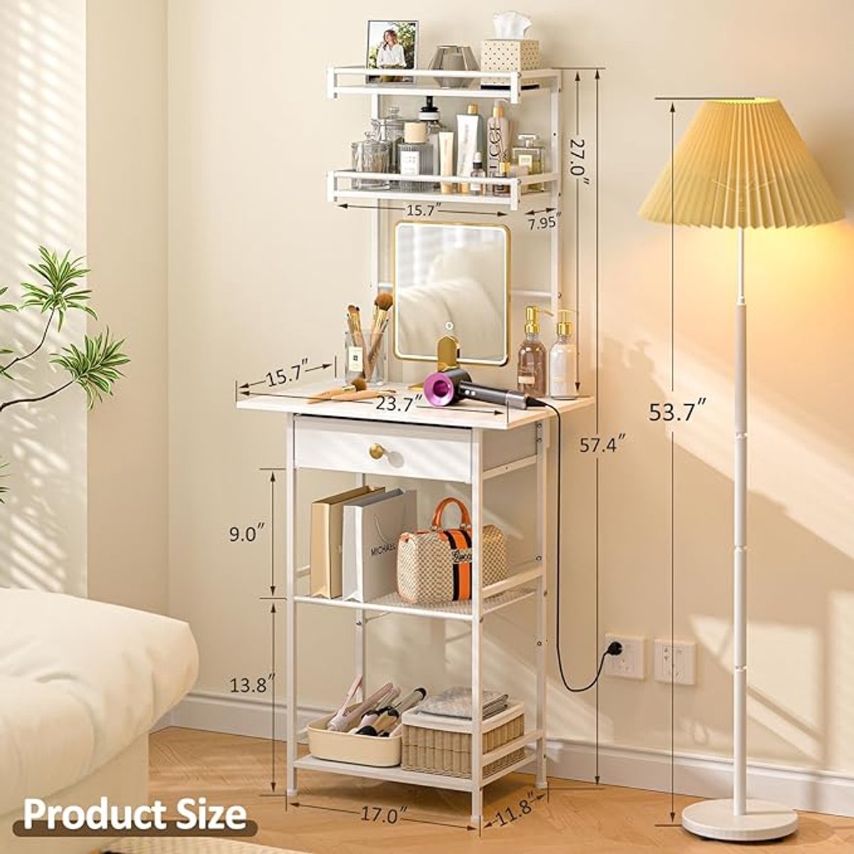 Make-uptafel zonder spiegel 60x40x146 cm – Compacte witte kaptafel met stoffen laden en opbergruimte voor kleine slaapkamer – Modern – Pauwhome