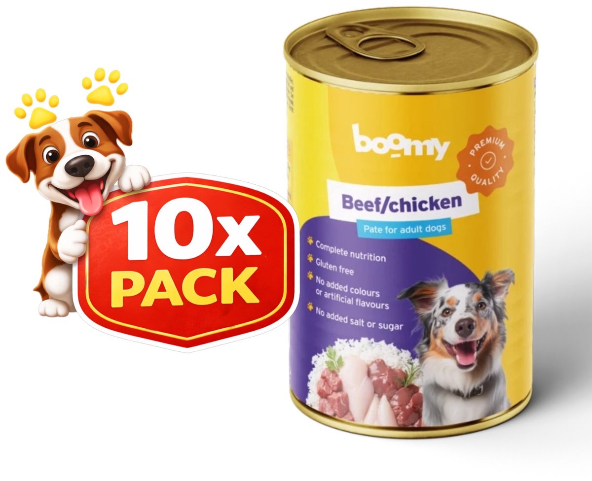 Boomy Boomy - Hondenvoer - Natvoer hond - Blikvoer hond - Glutenvrij - Rund met kip smaak - Adult - 10 x 400g