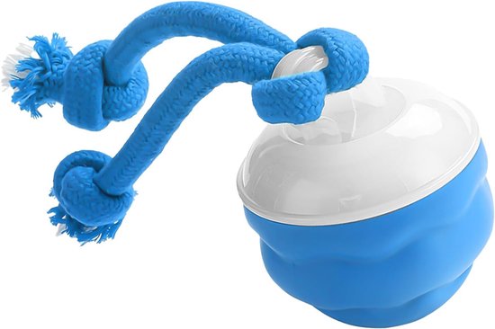 Blauw en wit automatisch rollend honden speeltje met een blauw touw met knopen.