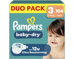 Pampers Baby-Dry Maat 3 - 104 Luiers - 6kg-10kg - Tot 100% lekvrij & comfortabele nacht