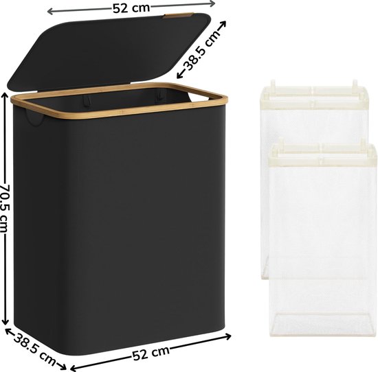 ACAZA Panier à Linge - Trieur de Linge - Panier à Linge avec Couvercle - Panier à Linge 2 Compartiments - Bamboe - 130L - Zwart