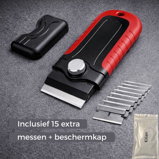 Krasvrij mes met rood handvat, beschermkap en 15 extra reservemesjes.