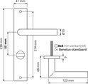 Technische tekening van een matzwarte deurklink met afmetingen in mm, inclusief vierkantstift 8x8 mm en Benelux-standaard.