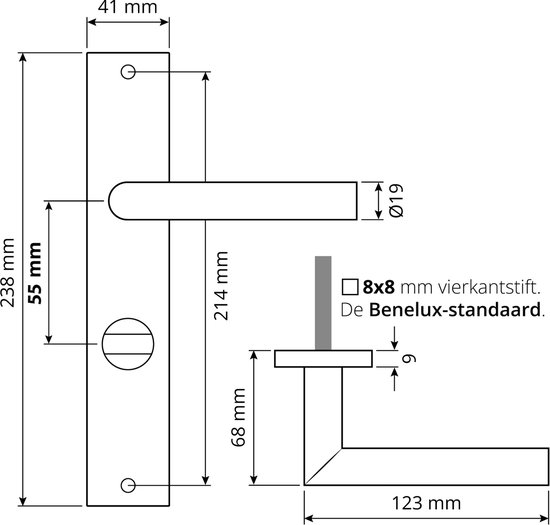 Technische tekening van een matzwarte deurklink met afmetingen in mm, inclusief vierkantstift 8x8 mm en Benelux-standaard.