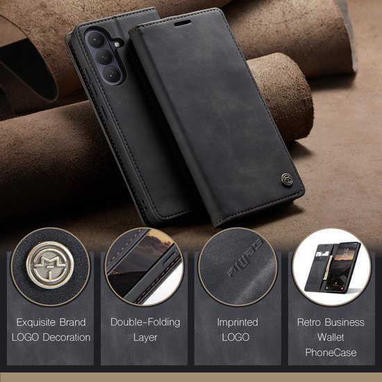 Zwarte lederen telefoonhoes. Close-ups tonen merkembleem, dubbele laag, logo en de hoes zelf.