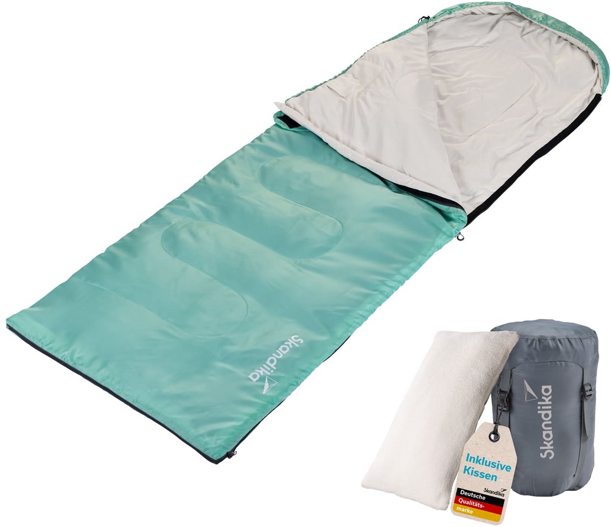 Skandika deken slaapzak Skye - 3-seizoenen slaapzak, met kussen, koppelbaar, 220 x 75 cm, 250g/m² microvezelvulling, binnenzak, wasbaar | Outdoor slaapzakken, slaapdeken, kampeeruitrusting