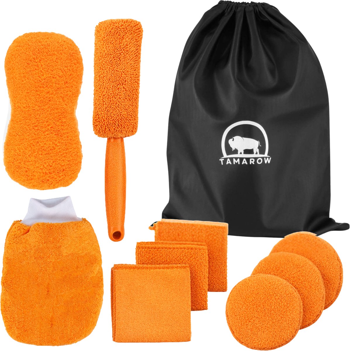 Tamarow Autowas Set 10 Delige - Autoreininging - Schoonmaak Set - Car Cleaning Set - Velgenborstel - 2 in 1 Spons - Microvezel - Oranje