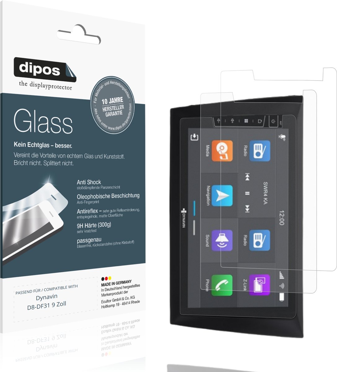 dipos – 2x Matte Pantserfolie geschikt voor Dynavin D8-DF31 9 Zoll | 9H Screenprotector