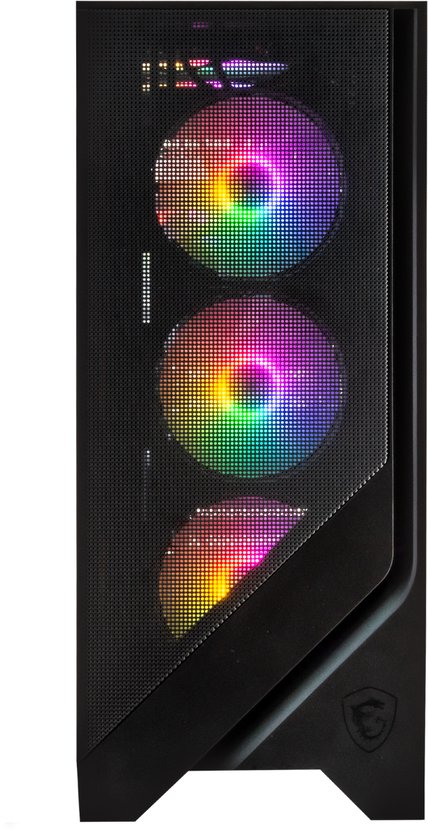Vooraanzicht van de zwarte MSI MAG Forge 120R Airflow pc-behuizing met zichtbare rgb-ventilatoren.