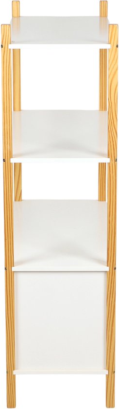 Smalle boekenkast met houten frame en vier witte planken.