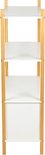 Smalle boekenkast met houten frame en vier witte planken.