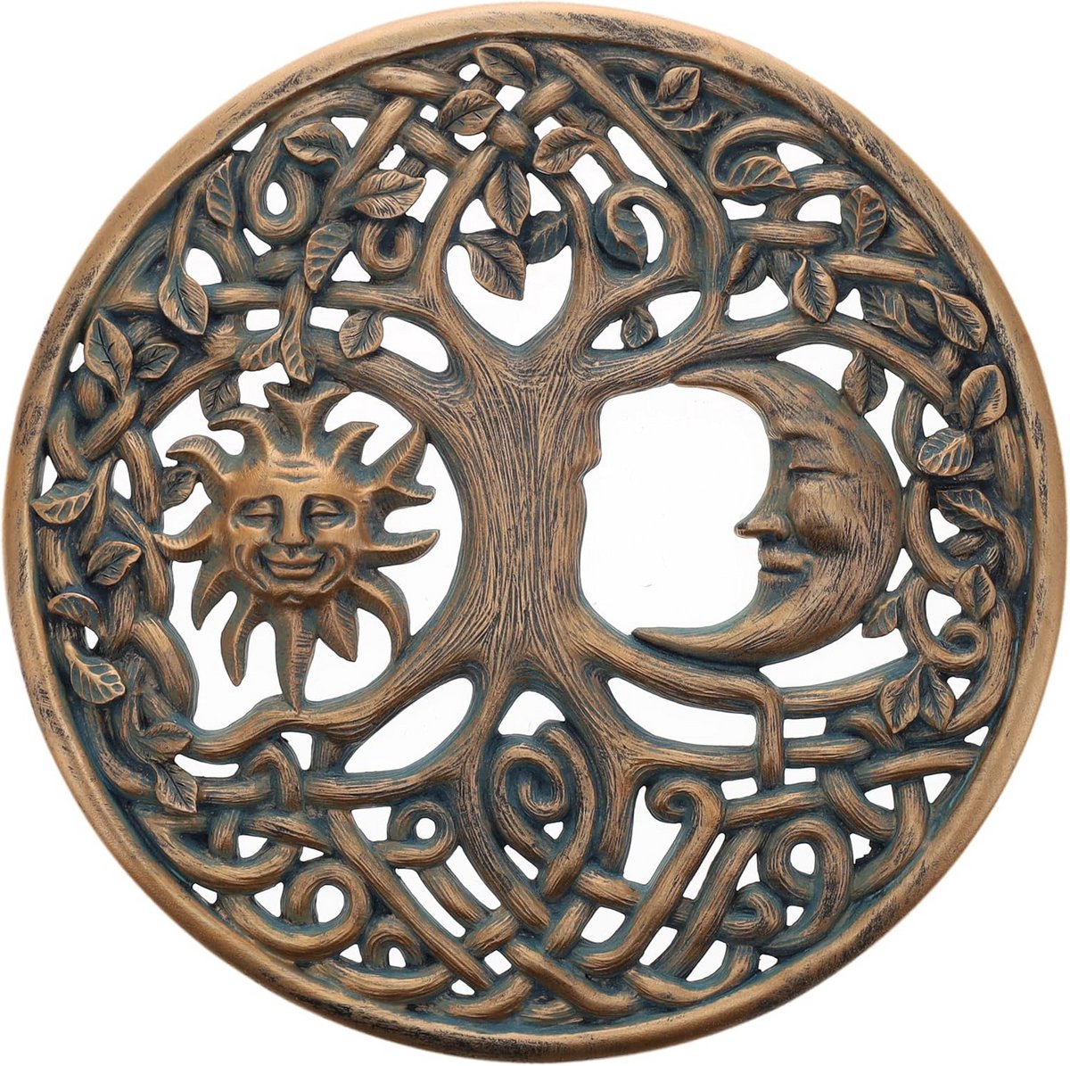 Zon Maan Gezicht Boom des Levens Muurplaat - Rustiek Bronzen Decor in Verdigris - Spirituele Wanddecoratie - Tuin Kunst Sculptuur - Celtic Harmony
