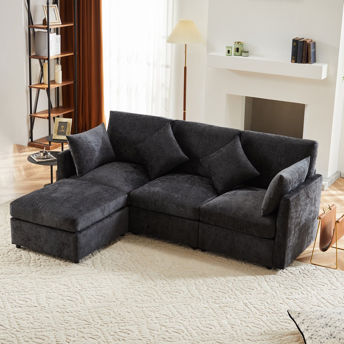 MIVRAY Hoekbank Modulair L-Vorm Met Verplaatsbare Hocker – 3-4 Zits Voor Woonkamer – Chenille Grijs Zwart
