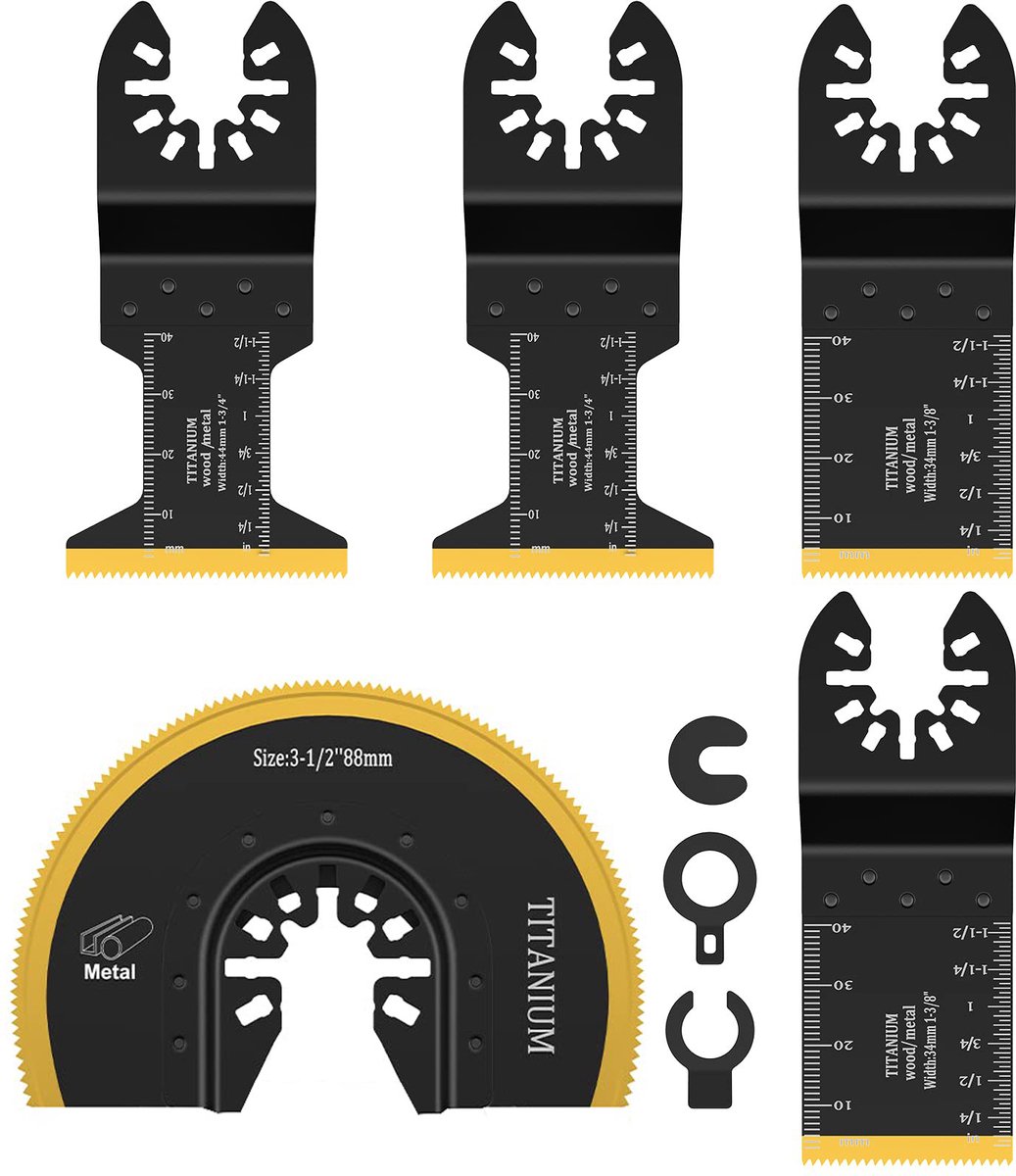 5-delige titanium gecoate multifunctionele zaagbladenset, multifunctionele afslijpmachine, oscillerende zaagbladen geschikt voor metaal/hout/kunststof