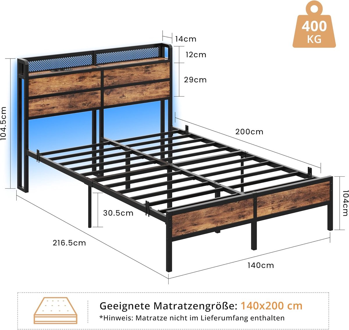 Bed 140x200 cm met LED-verlichting, USB & Type-C laadstation, metalen frame, opbergruimte en gatenwand – Pauwhome