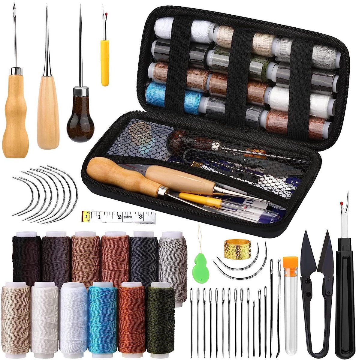 Leren naaiset - 48-delige leren gereedschapsset - Leerbewerking - Leer Reparatie Set - Leerbewerking Naaiset - met naainaalden, duurzame naaigaren - voor Leder,Stof,Denim,Canvas