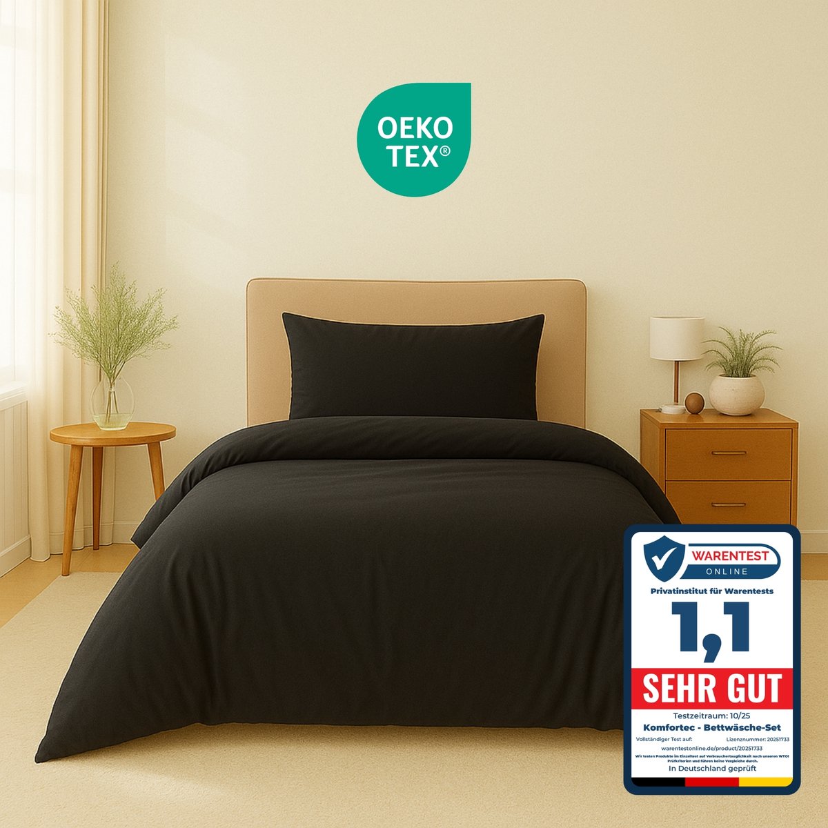 Komfortec Premium Dekbedovertrek 155x220 cm + 1x Kussensloop 40x80 cm - Geborsteld 100% Polyester Microvezel 90 g/m² - 3-Delige Superzachte Beddengoedset - Zwart