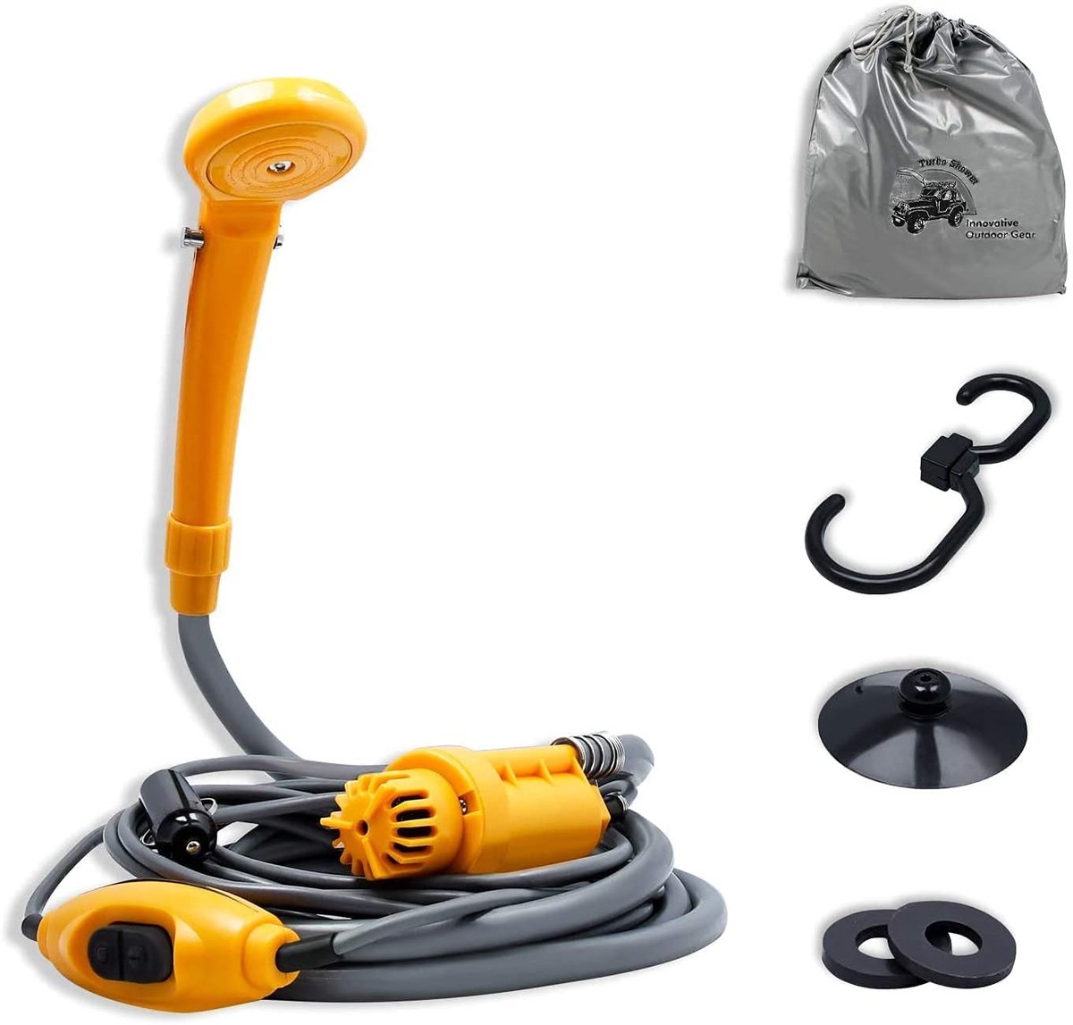 Aufun Campingdouche 12V – Draagbaar met dompelpomp – 2m waterslang + stroomkabeladapter