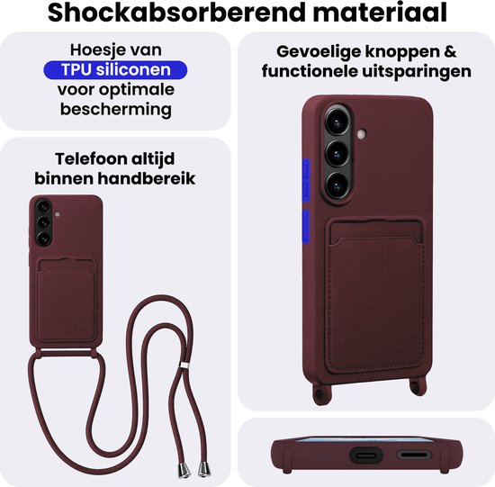 Bordeauxrode hoes voor Samsung S26, met informatie over TPU siliconen, knoppen, uitsparingen en telefoon binnen handbereik.