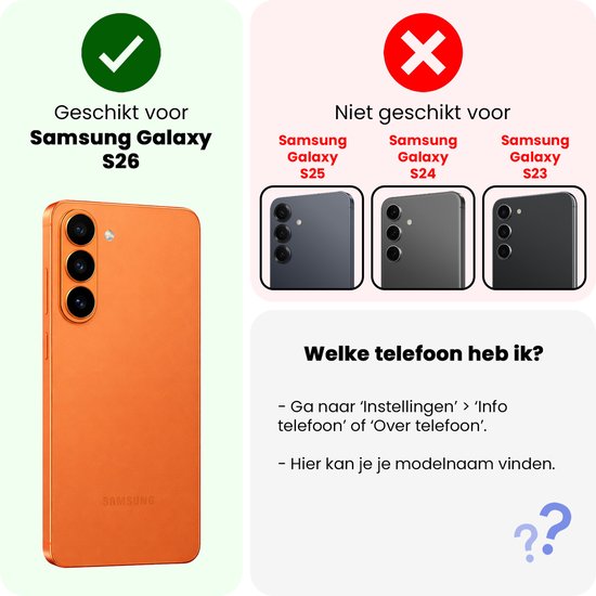 Een helder oranje Samsung Galaxy S26 telefoon, rechts met een rode X en tekst 'Niet geschikt voor Samsung Galaxy S25, S24, S23'.